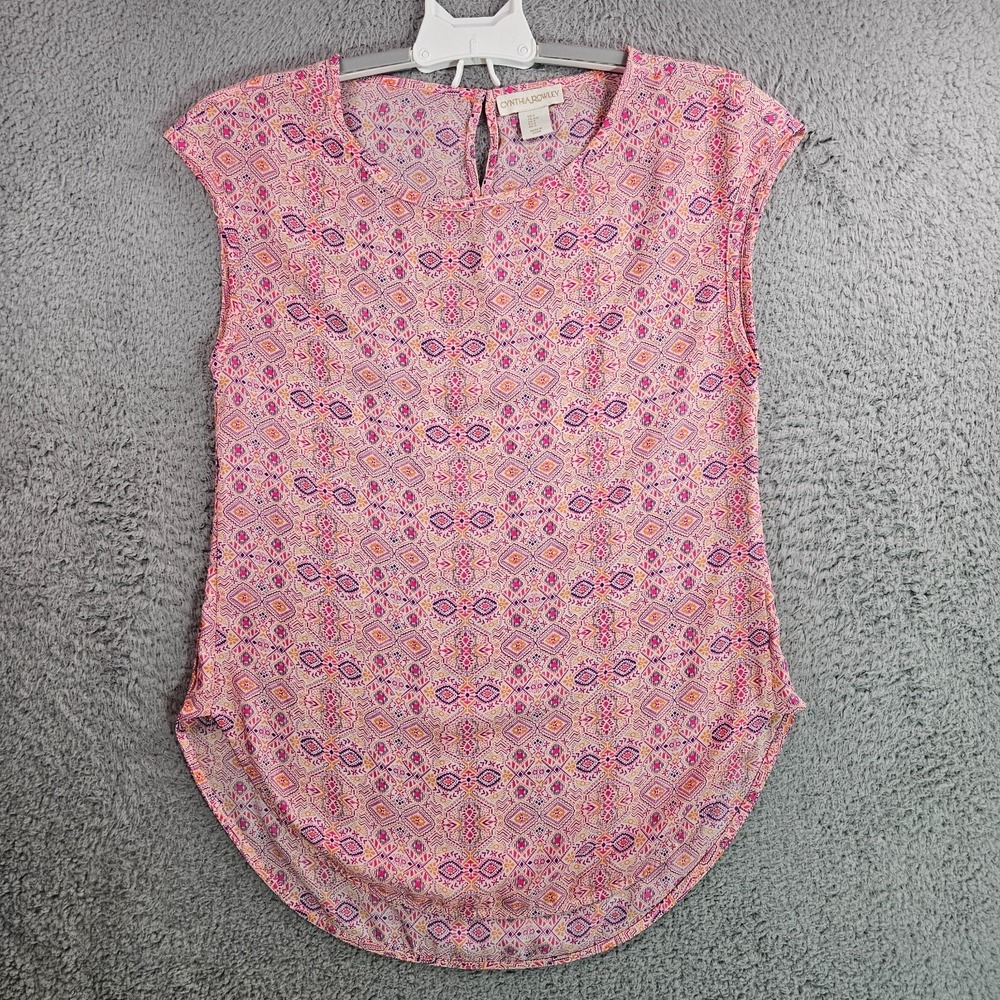 Cynthia Rowley Top Women Small Cap Sleeve Geometric Print Pink‎ Purple - S